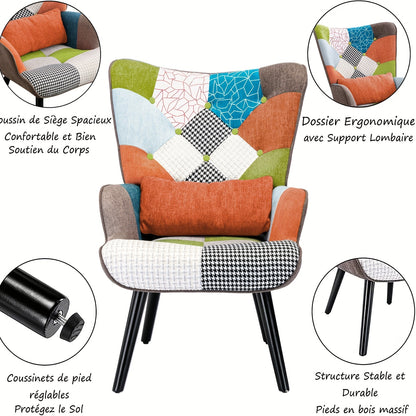 Lezenstoel – Fauteuil – Relaxstoel – Lounge Chair – Leesstoel – Hoog Rugleuning Design – Patchwork Stofmix Met Voetkruk