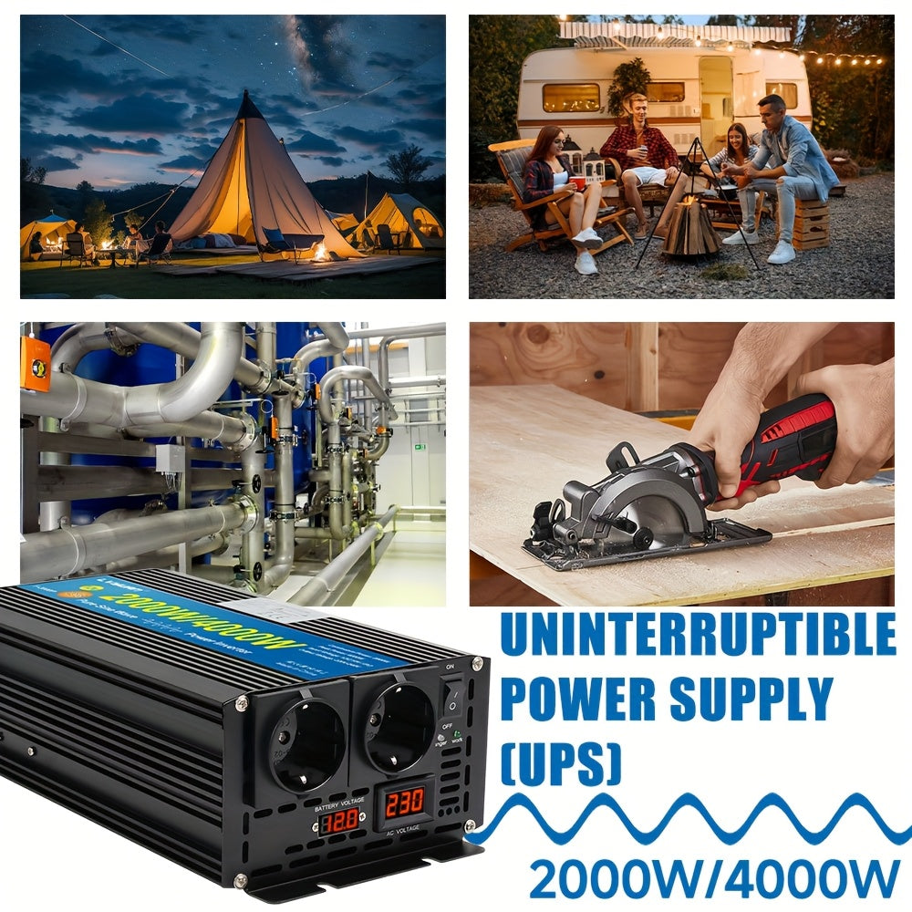 Autospanningsomvormer – Stroomomzetter – Inverter – DC naar AC Converter – 2000W Zwarte Variant – Zuivere Sinusgolf – 3 Europese Stopcontacten