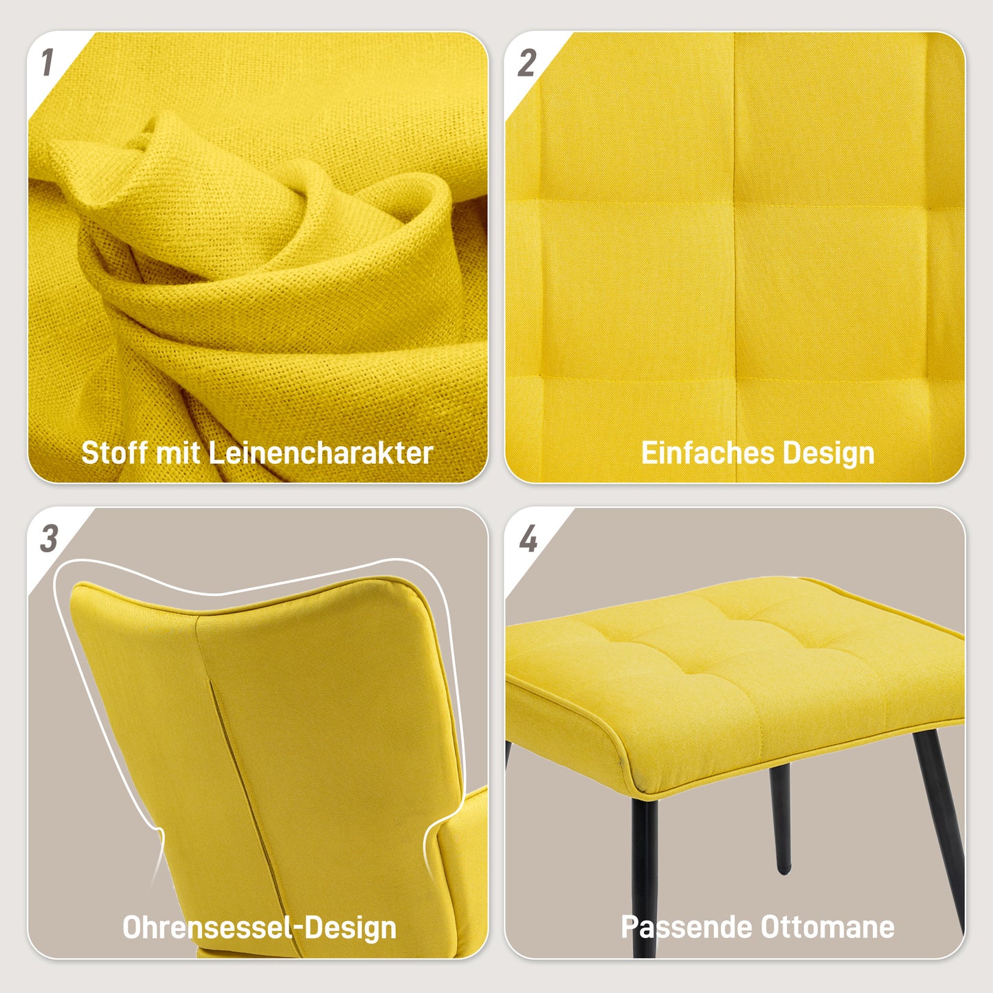 Draaifauteuil – Fauteuil – Relaxstoel – Stoel Met Voetenbankje – Loungefauteuil – Scandinavisch Design – Beukenhouten Frame – 360 Graden Draaibaar – Geel – 64x89x90 cm