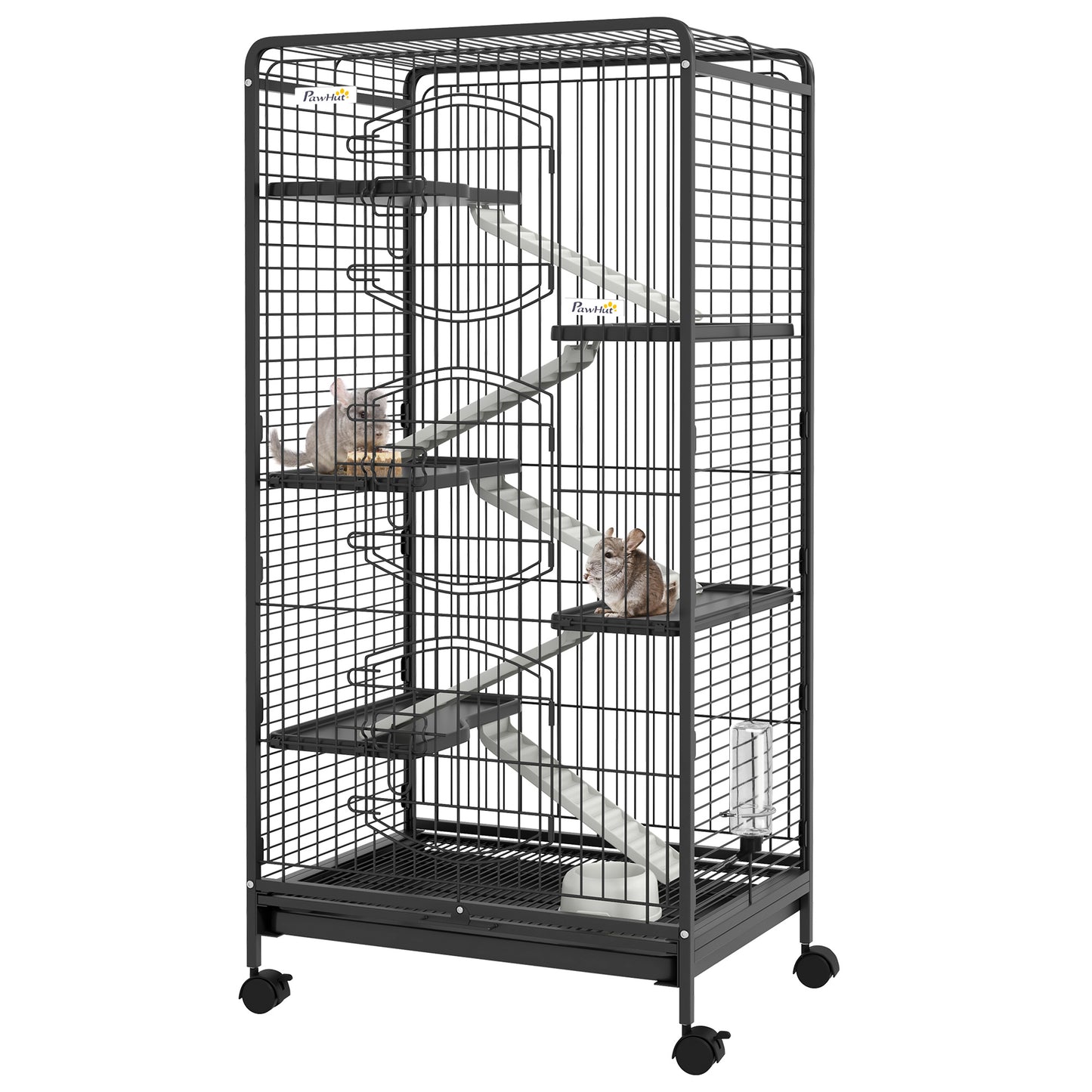 Kleine Dierenkooi – Knaagdierkooi – Rodent Cage – Kleine Huisdieren Kooi – Dierenverblijf – Met 5 Ramps en Platforms – Afneembare Bodemtray en Waterfles – Stalen Frame en PP Zwart