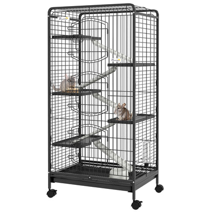 Kleine Dierenkooi – Knaagdierkooi – Rodent Cage – Kleine Huisdieren Kooi – Dierenverblijf – Met 5 Ramps en Platforms – Afneembare Bodemtray en Waterfles – Stalen Frame en PP Zwart