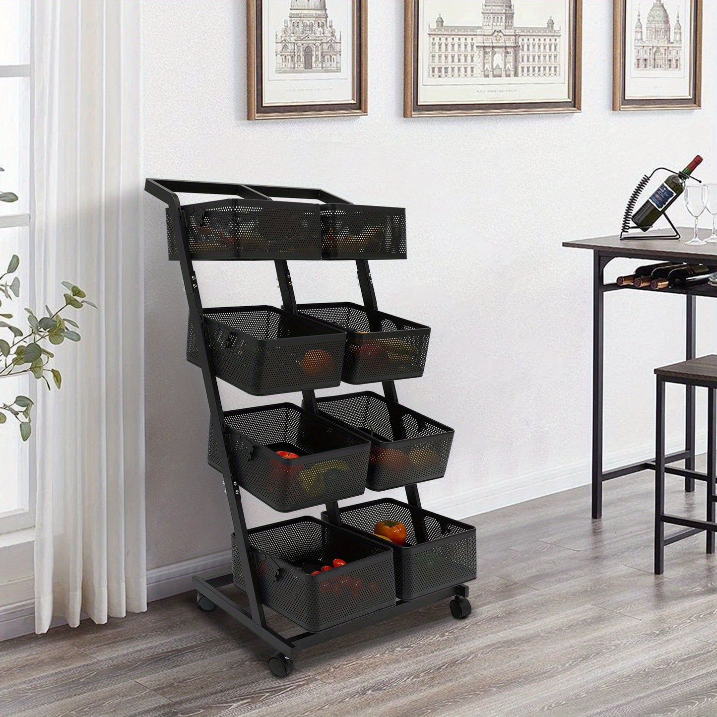 Opbergrekje – Opbergtrolley – Stellingkast – Opbergwagen – Opbergrek – Zwart Metalen Frame – 4 Laags Met 8 Grote Mandjes – Mobiel Met Remmen – Ruimtebesparend Verticaal Design (60x40,5x110 cm)