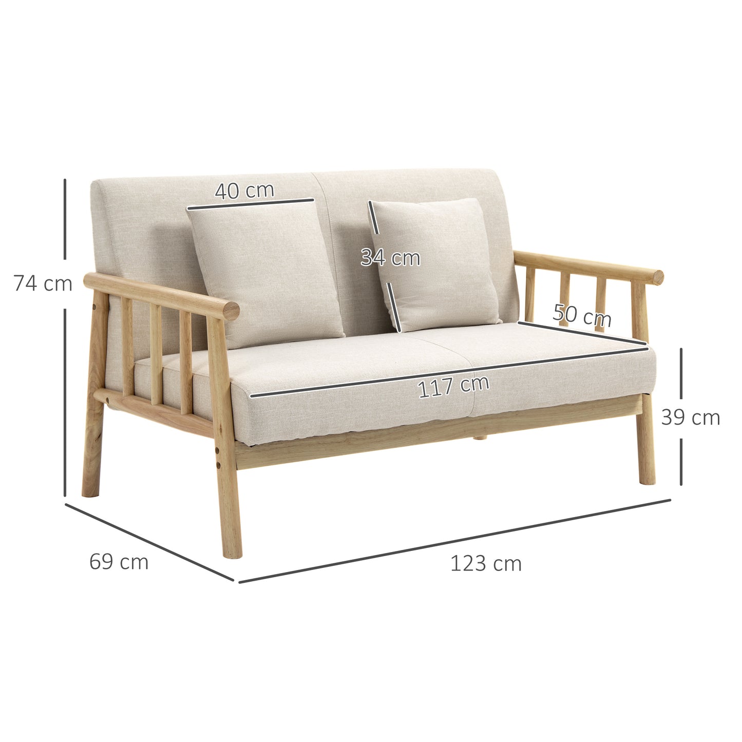 Tweezitsbankje – Bankje – Sofa – Zitbank – Tweezitsbank – Beige – Compact Formaat – Stevig Houten Frame