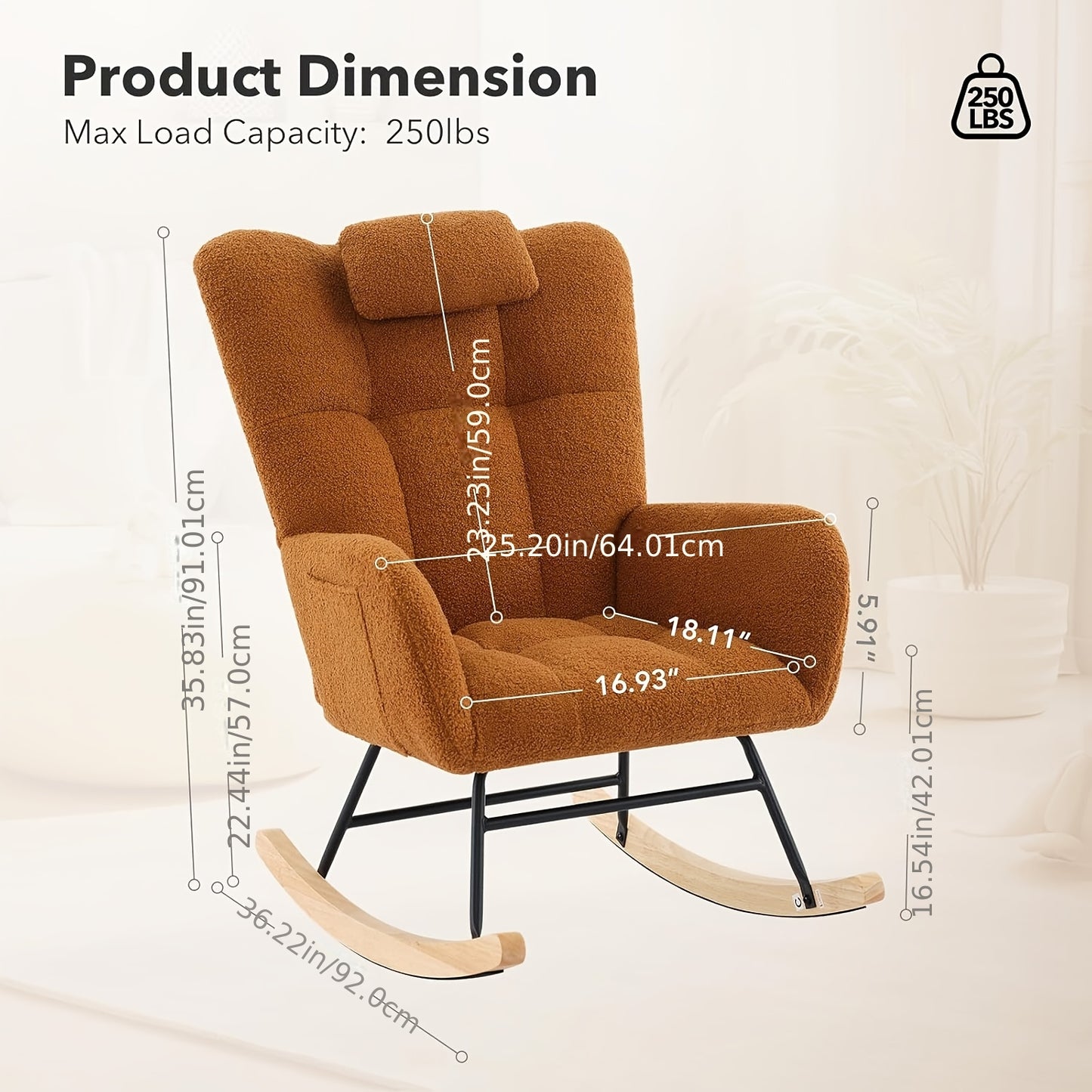 Schommelstoel Babykamer – Glider Stoel – Wiegstoel – Ruststoel – Rocker Chair – Met Zwaar Metalen Frame – Verstevigd Teddy Bruin Bekleed – 110° Schommelhoek – Hoge Rugleuning Met Armleuningen