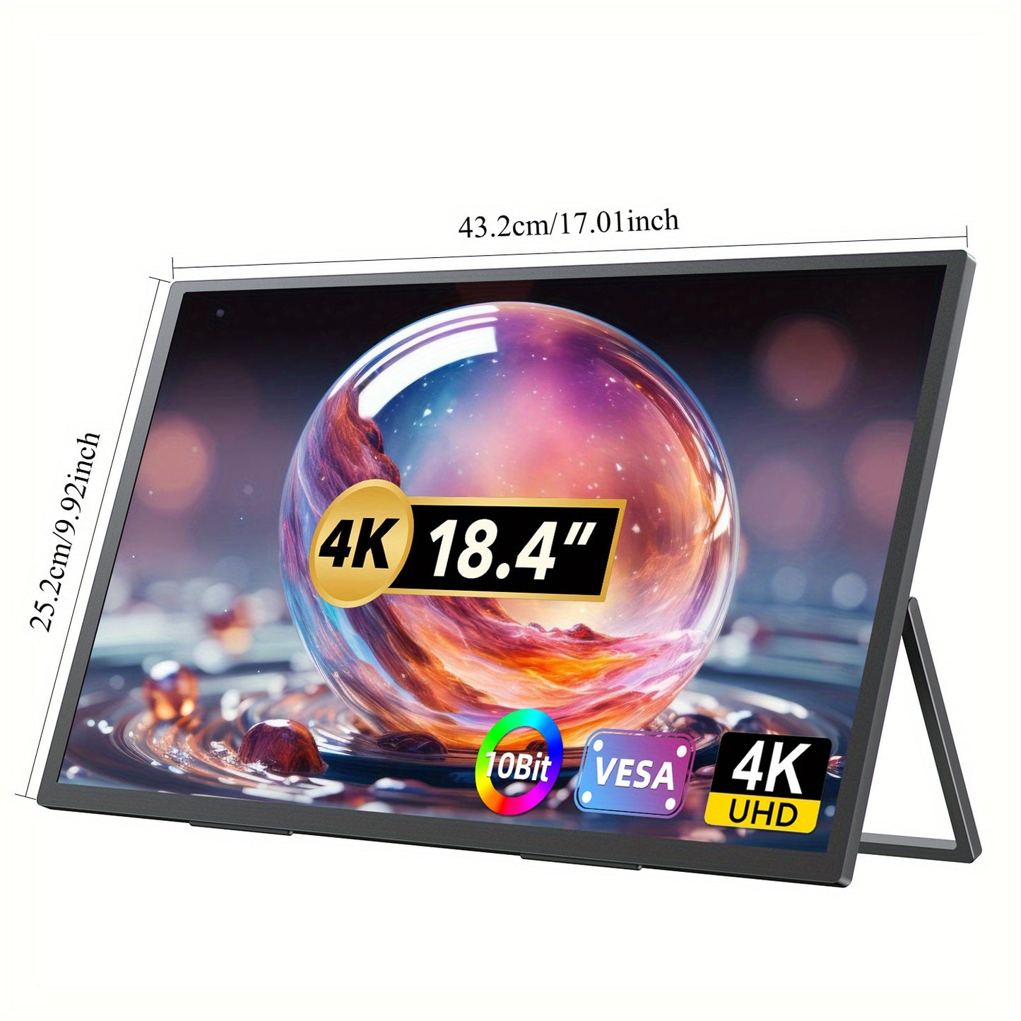 Portable Monitor – Draagbaar Scherm – Extra Scherm Laptop – Mobiele Monitor – USB-C Monitor – 18,4 Inch 4K UHD – 10-Bits IPS HDR – 180° Verstelbare Arm & VESA Mount