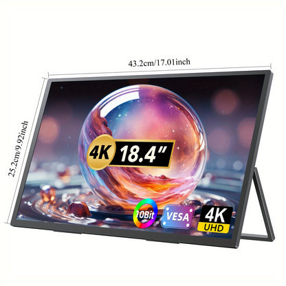 Portable Monitor – Draagbaar Scherm – Extra Scherm Laptop – Mobiele Monitor – USB-C Monitor – 18,4 Inch 4K UHD – 10-Bits IPS HDR – 180° Verstelbare Arm & VESA Mount