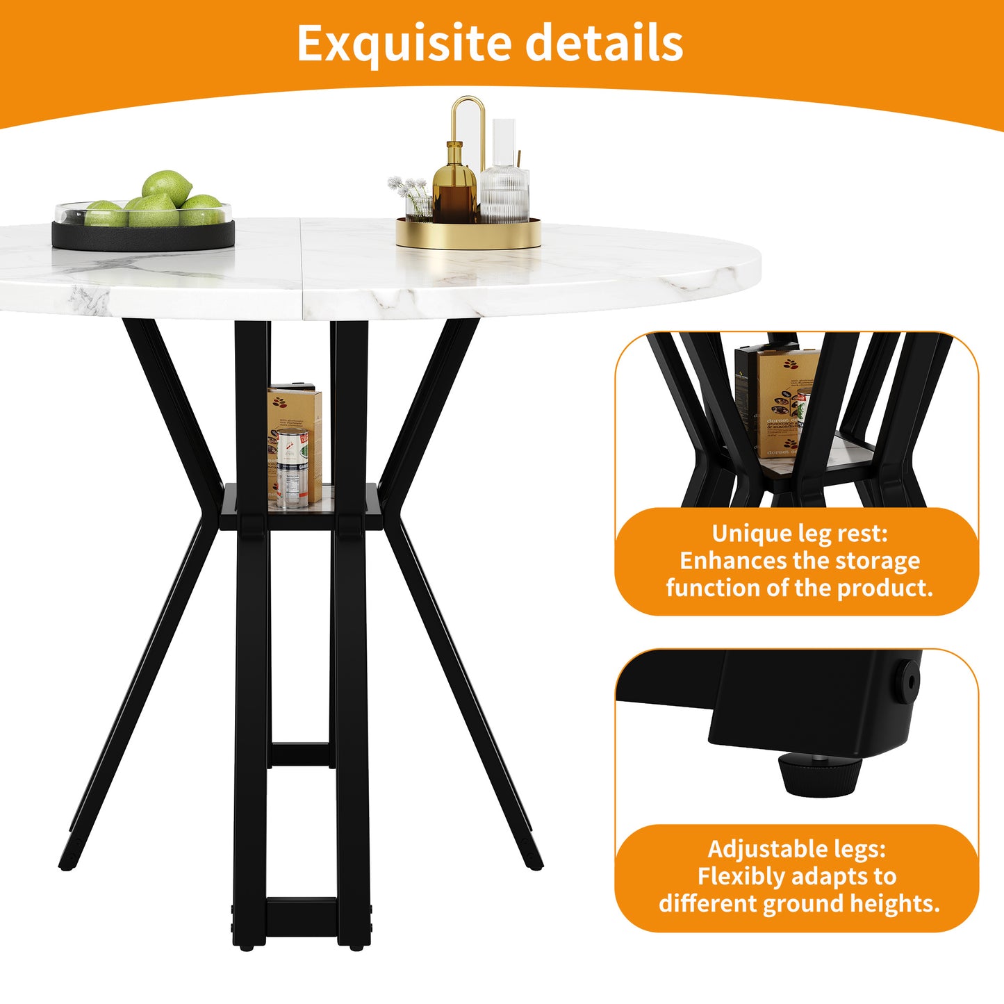 Ronde Eettafel – Ronde Tafel – Design Eettafel – Marmerlook Tafel – Keukentafel – MDF Tafelblad Marmerstructuur – Stevig Gouden Metalen Frame – 100 cm – Voor 4-6 Personen