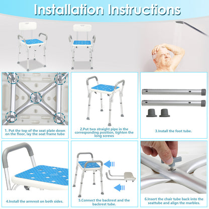Shower Chair with Armrests and Backrest, Shower Stool for Elderly, Removable Shower Chair, Height Adjustable Shower Seat, 41-53.5 cm, Load 136 kg, with Rubber Anti-Slip Cover, Shower Stool, Anti-Slip Stool, Suitable for Elder