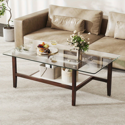 Salontafel – Koffietafel – Woonkamertafel – Bijzettafel – Tafel – Gehard Glasblad – 2-Tier Opbergruimte – Stevige Rubberhouten Poten – 107 x 60 x 42 cm – Mdf Frame