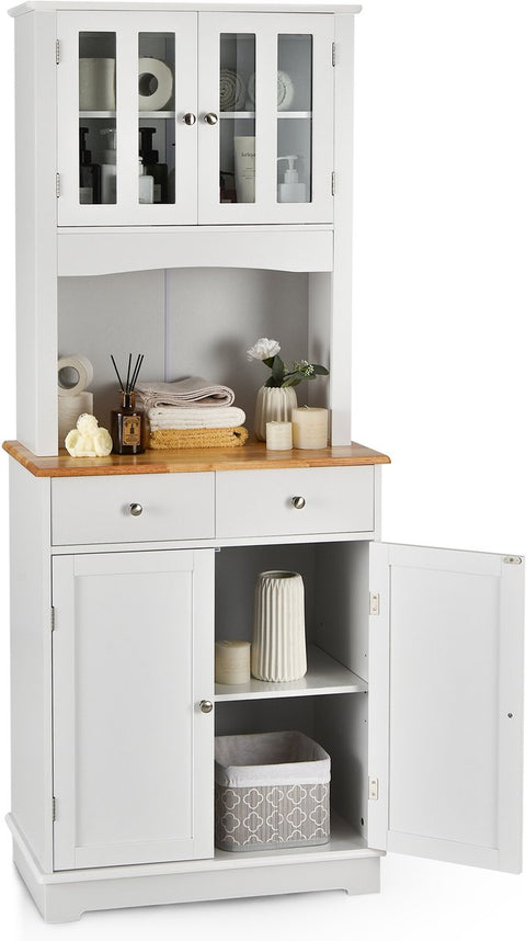 Keukenkast hoog, 170 cm buffetkast hout, hoge kast met 2 laden & verstelbare planken & glazen deuren & draadgat, keukenbuffet vrijstaand, buffet voor keuken eetkamer, wit