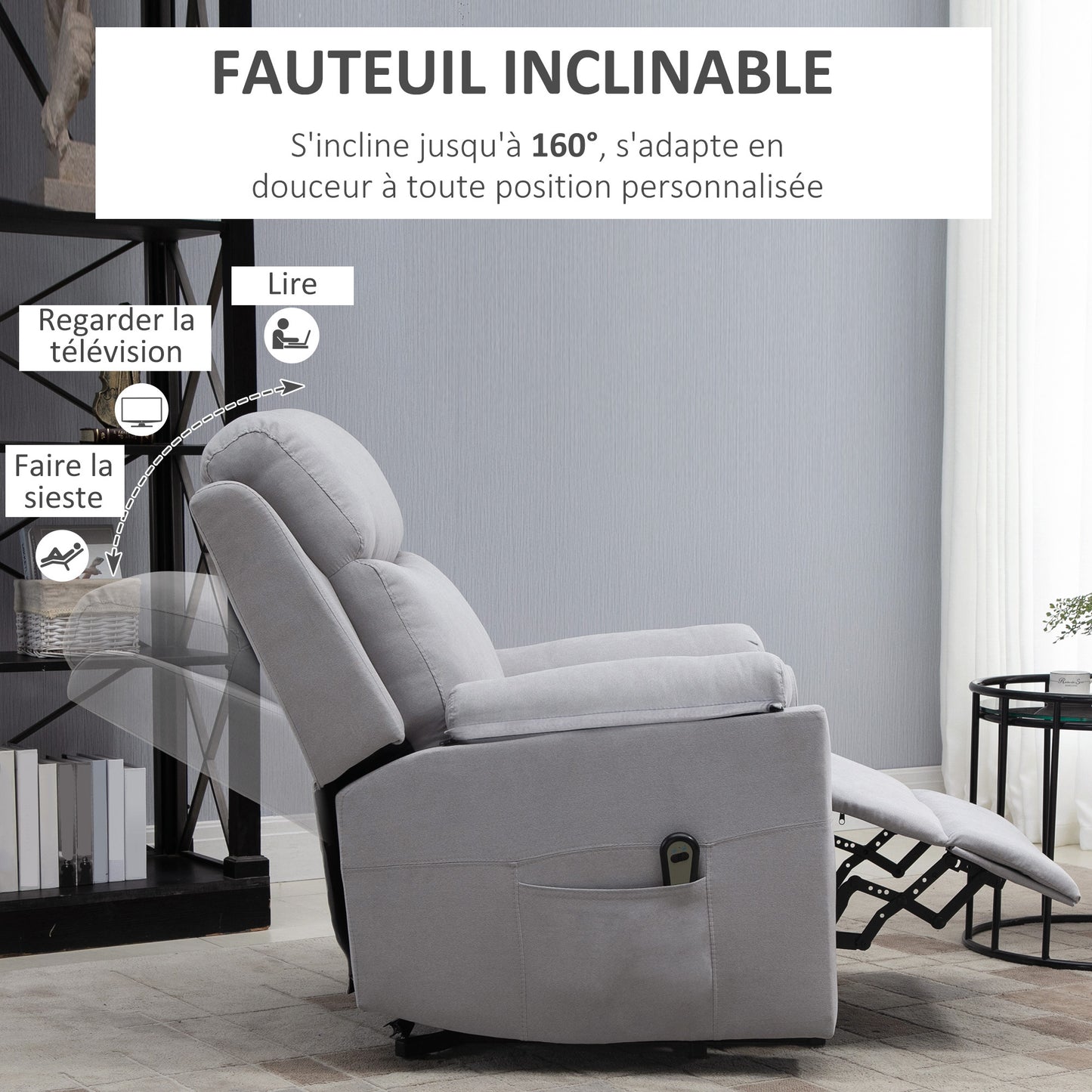Relaxfauteuil – Relaxstoel – Ligstoel – Elektrische Fauteuil – Sta-op Stoel – Verstelbare Rugleuning 160° – Elektrisch Verstelbare Voetensteun – Polyester Linnen Look Lichtgrijs