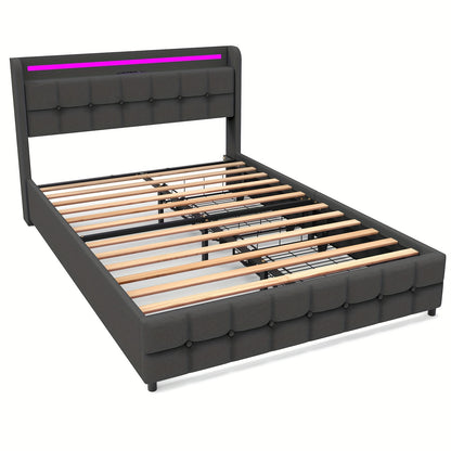 Gestoffeerd Bed – Bed Met Opberglades – Bedframe Met Opbergruimte – Lager Bed – Modern Bed – 140x200 cm – 2 Ruime Lades – Linnen Bekleding