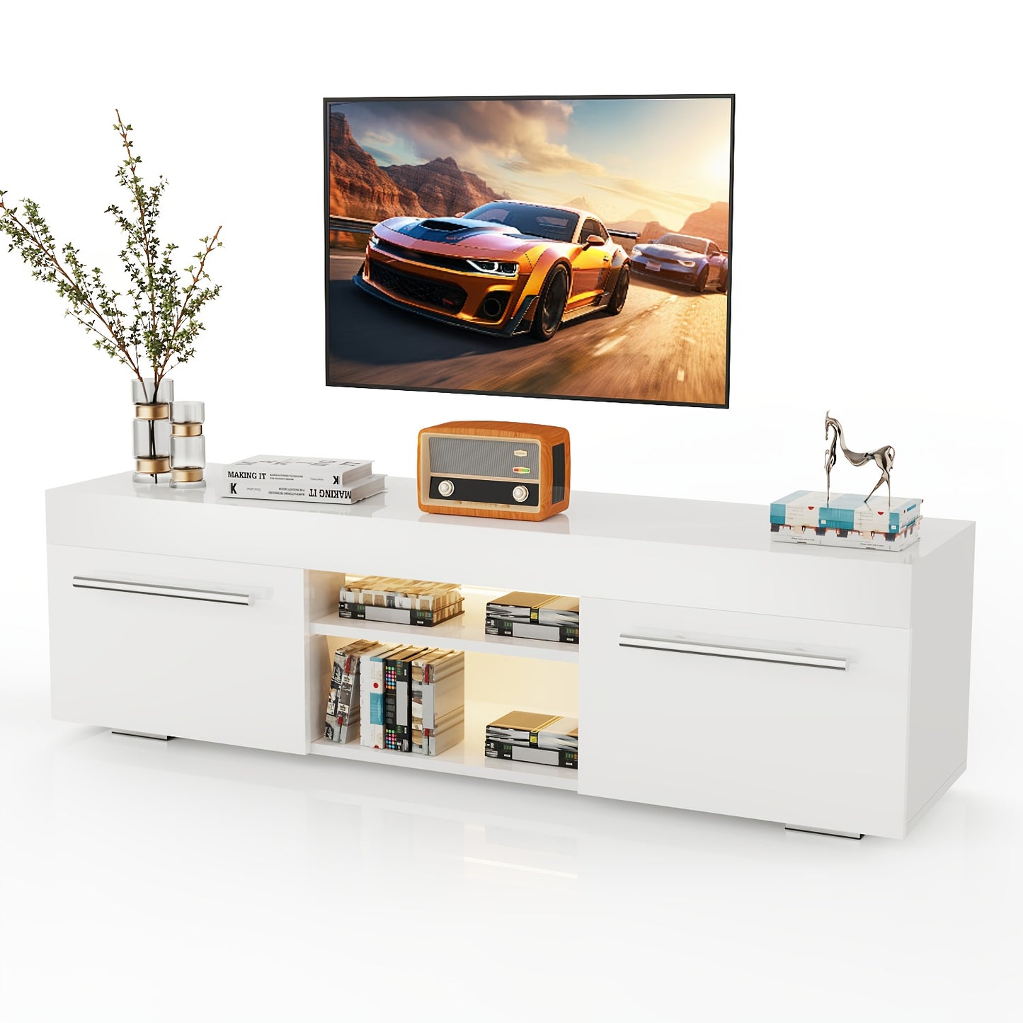 TV-kast – Tv-meubel – Mediameubel – Tv-dressoir – Entertainmentmeubel – Modern Wit Hoogglans – LED Sfeerverlichting – Ruime Opbergruimte – 130 cm – USB-aansluiting