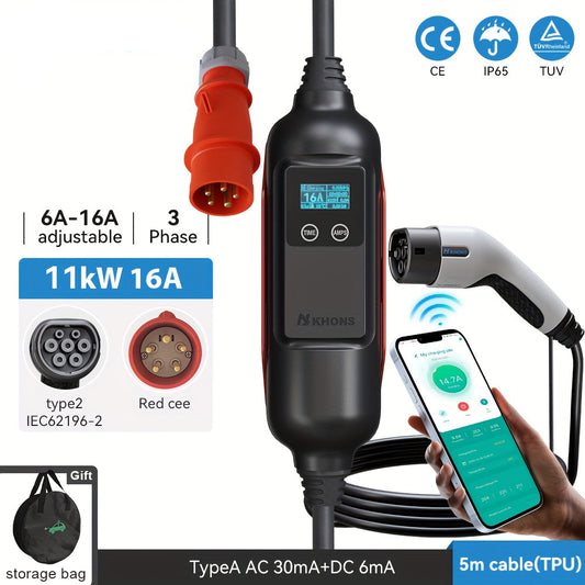 EV Laadpaal – Wallbox – EV Charger – Thuislader – Mobiele Lader – 11KW Vermogen – 6A-16A Instelbare Stroom
