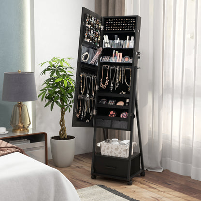 Sieradenkast – Juwelenkabinet – Jewelry Armoire – Sieradenopberger – Sieradenhouder – Zwart – Vloermodel Met Slot – Met Volledige Spiegel