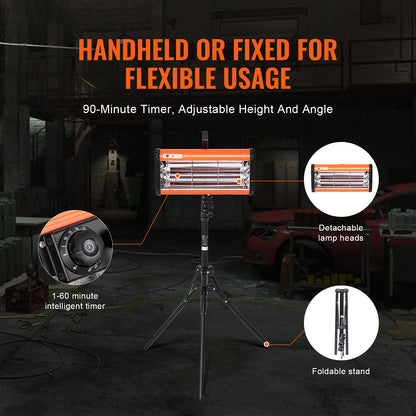 Verf Drooglamp – Infrarood Lamp – Verf Droger – Auto Drooglamp – Drooglamp Staand – 2000W Vermogen – Verstelbare Lampkop