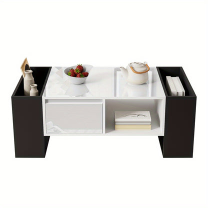 Salontafel – Woonkamertafel – Koffietafel – Tafeltje – Bijzettafel – Zwart-Witte Hoogglans Uitvoering – 4 Open Vakken & 2 Lades – Duurzame Constructie – Geen Montage