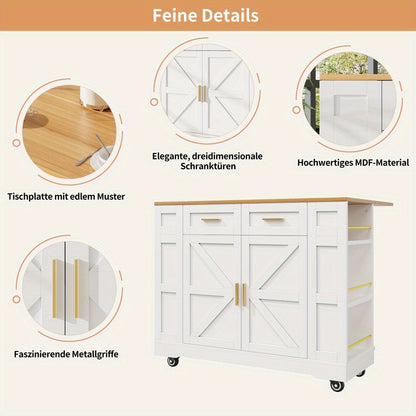 Keukeneilandwagen – Keukentrolley – Serveerwagen – Keukenkast – Keukeneiland – Uitschuifbare Tafel – MDF Met 4 Wieltjes