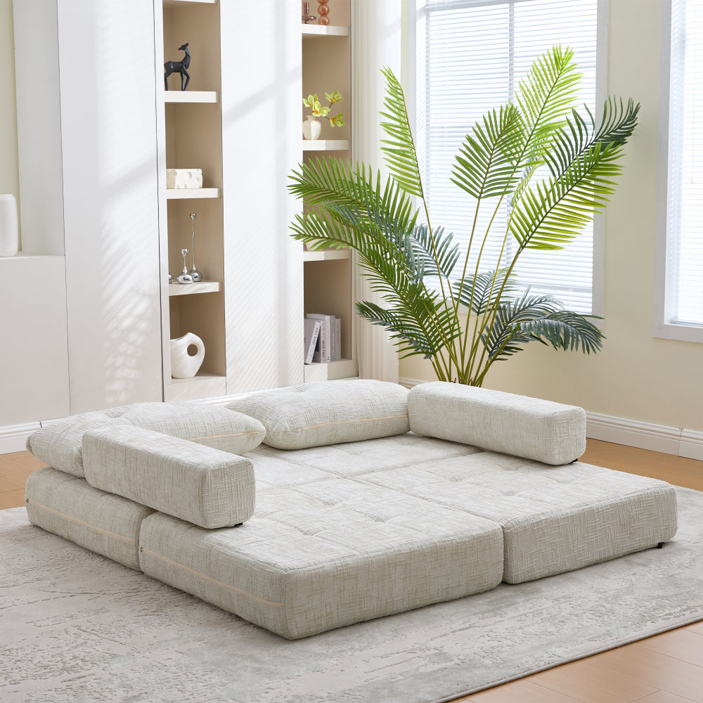 Inklapbare Slaapbank – Slaapbankje – Slaapbank Opklapbaar – Slaapbank Met Kussen – Vouwmatras Met Rugleuning – Beige Chenille Stof – Hoge Dichtheid Schuim