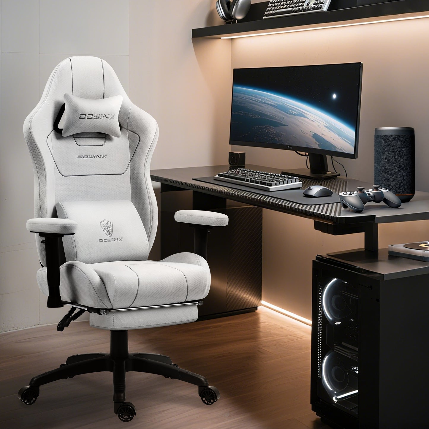 Ergonomische Gaming Stoel – Bureaustoel – Computestoel – Racestoel – Zwarte Werkstoel – Hoog Rugleuning – Verstelbare Armleuningen & Voetensteun – Stevig Metalen Frame