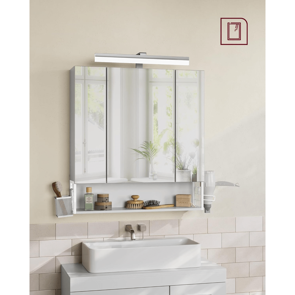 Badkamerkast – Wandkast – Spiegelkast – Opbergkast – Badkamermeubel – Wolk-wit – 3 Deuren – Met Stopcontacten en Haardrogerhouder – MDF Materiaal – Compact 70x75x16,5 cm