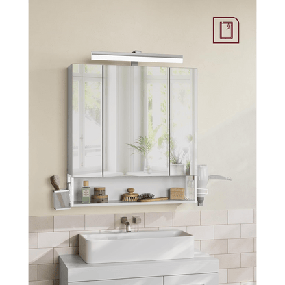Badkamerkast – Wandkast – Spiegelkast – Opbergkast – Badkamermeubel – Wolk-wit – 3 Deuren – Met Stopcontacten en Haardrogerhouder – MDF Materiaal – Compact 70x75x16,5 cm