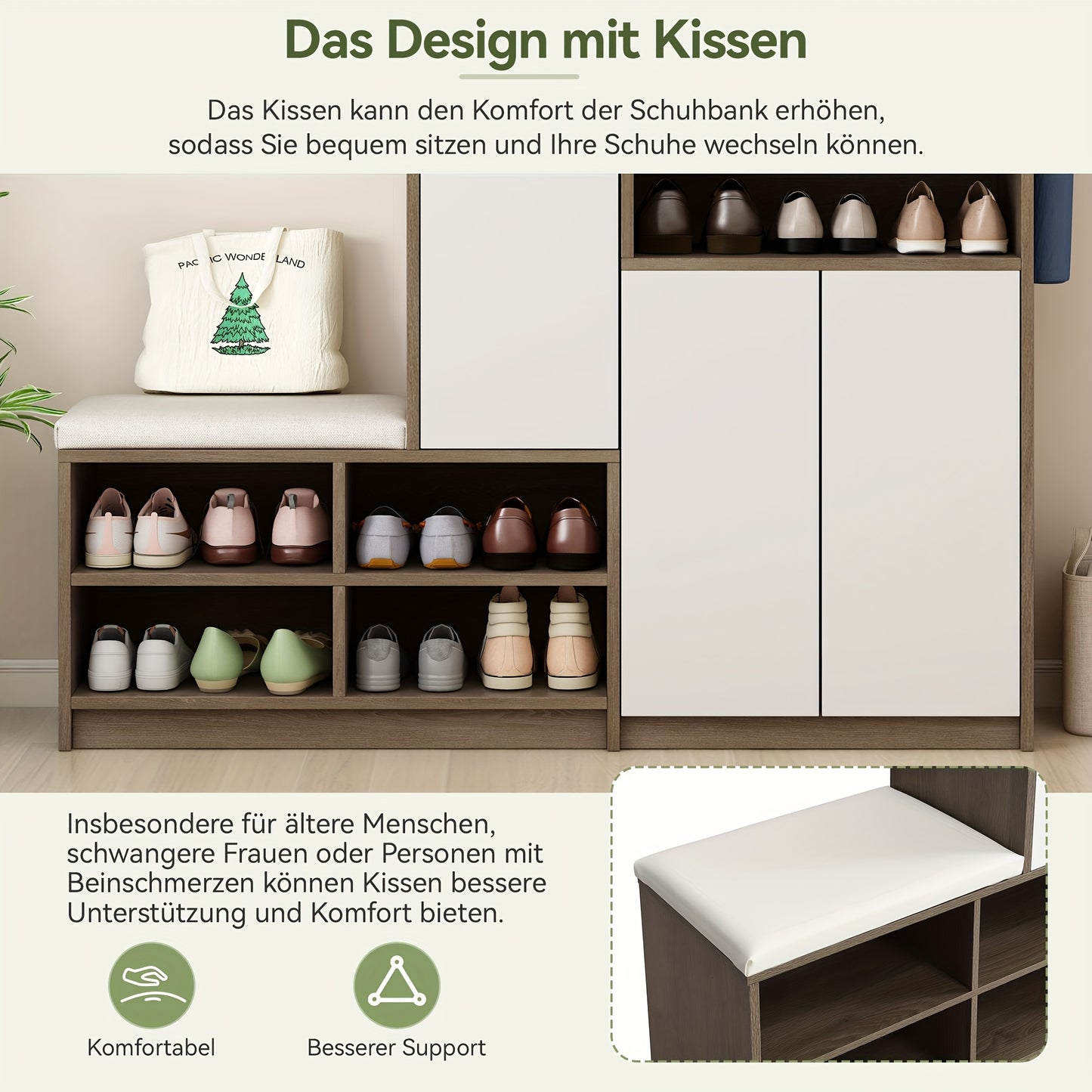 White Shoe Storage Bench & Cabinet with Padded Seat, Adjustable Shelves, and Open Compartment – Multifunctional Hardwood Shoe Organizer for Hallway or Entryway, Contemporary Design, 140cm W x 35cm D x 110cm H, Entryway Furn