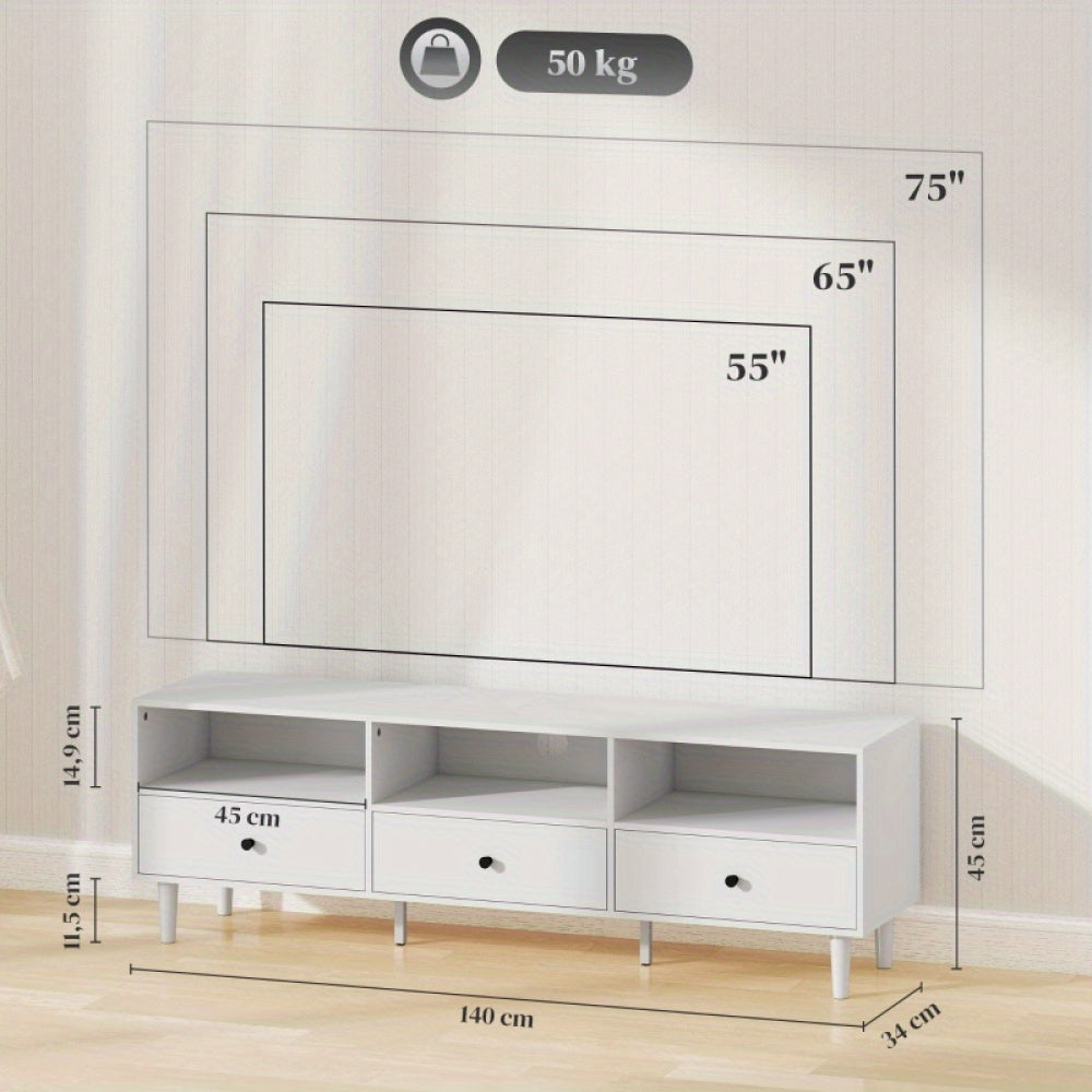 TV-Stand – Tv-Kast – TV-Meubel – Media Meubel – Woonkamerkast – Wit – Met Lades En Open Vakken – 140 cm Lang – Compacte Afmetingen 140x34x45 cm