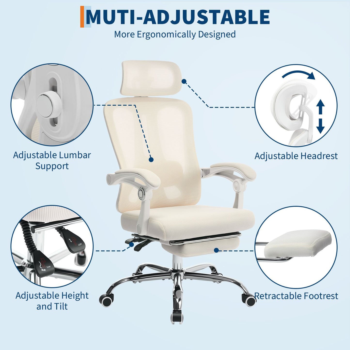 Ergonomische Bureaustoel – Kantoorstoel – Desk Chair – Werkstoel – Computestoel – Met Voetsteun – Verstelbare Lendensteun – 360° Draaibaar – Beige Mesh