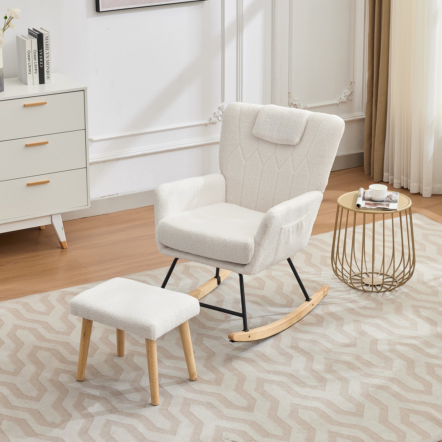 Schommelstoel – Relaxstoel – Lounge Stoel – Zetel – Fauteuil – Wit – Ergonomisch Met Voetenbank – 30 Graden Schommelbeweging