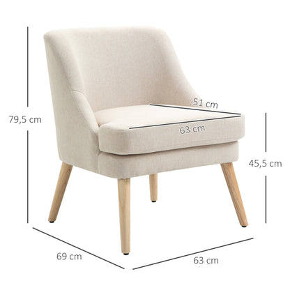 Loungestoel – Relaxstoel – Fauteuil – Armstoel – Linnenlook Stoel Crème – Houten Poten – Comfortabele Armleuningen