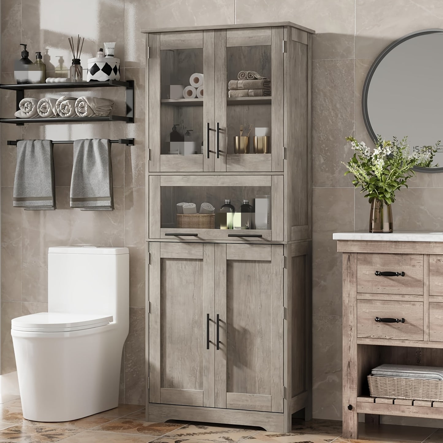 Badkamerkast – Badkamermeubel – Kolomkast – Opbergkast – Spiegelkast – Vrijstaand – Met Glazen Deuren – Verstelbare Planken – Metalen Frame – Modern Design