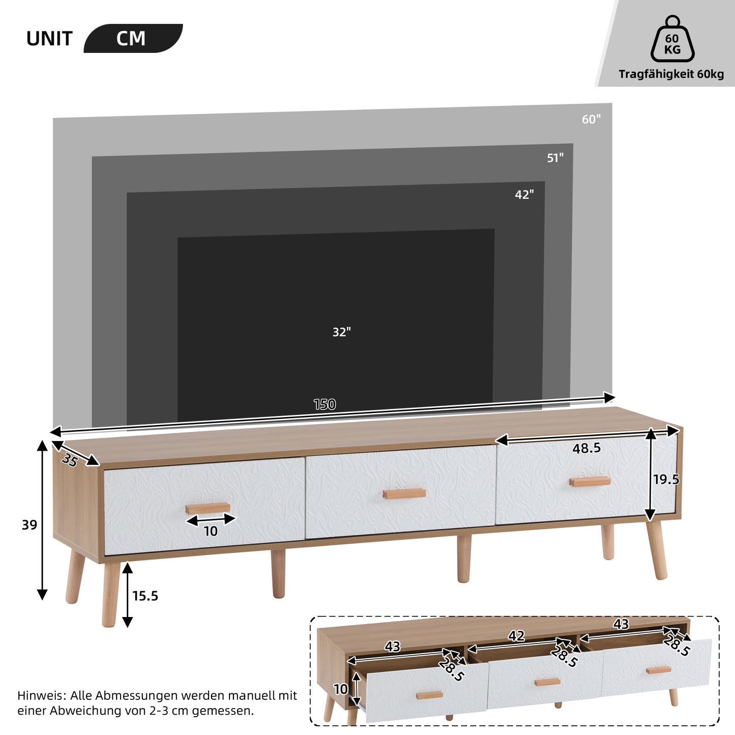 TV Meubel – TV Kast – TV Dressoir – Lowboard – TV Meubelen – Scandinavisch Design – 150x35x39 CM – Lichte Houtstructuur Met Witte Fronten