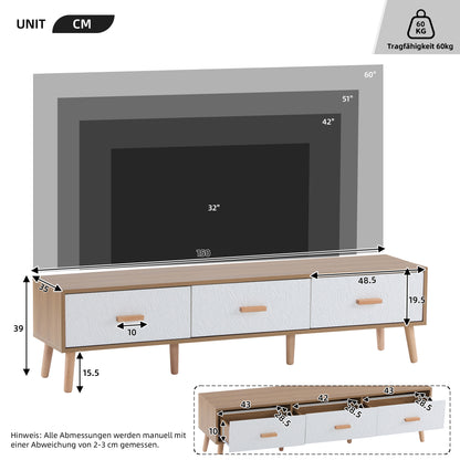 TV Meubel – TV Kast – TV Dressoir – Lowboard – TV Meubelen – Scandinavisch Design – 150x35x39 CM – Lichte Houtstructuur Met Witte Fronten