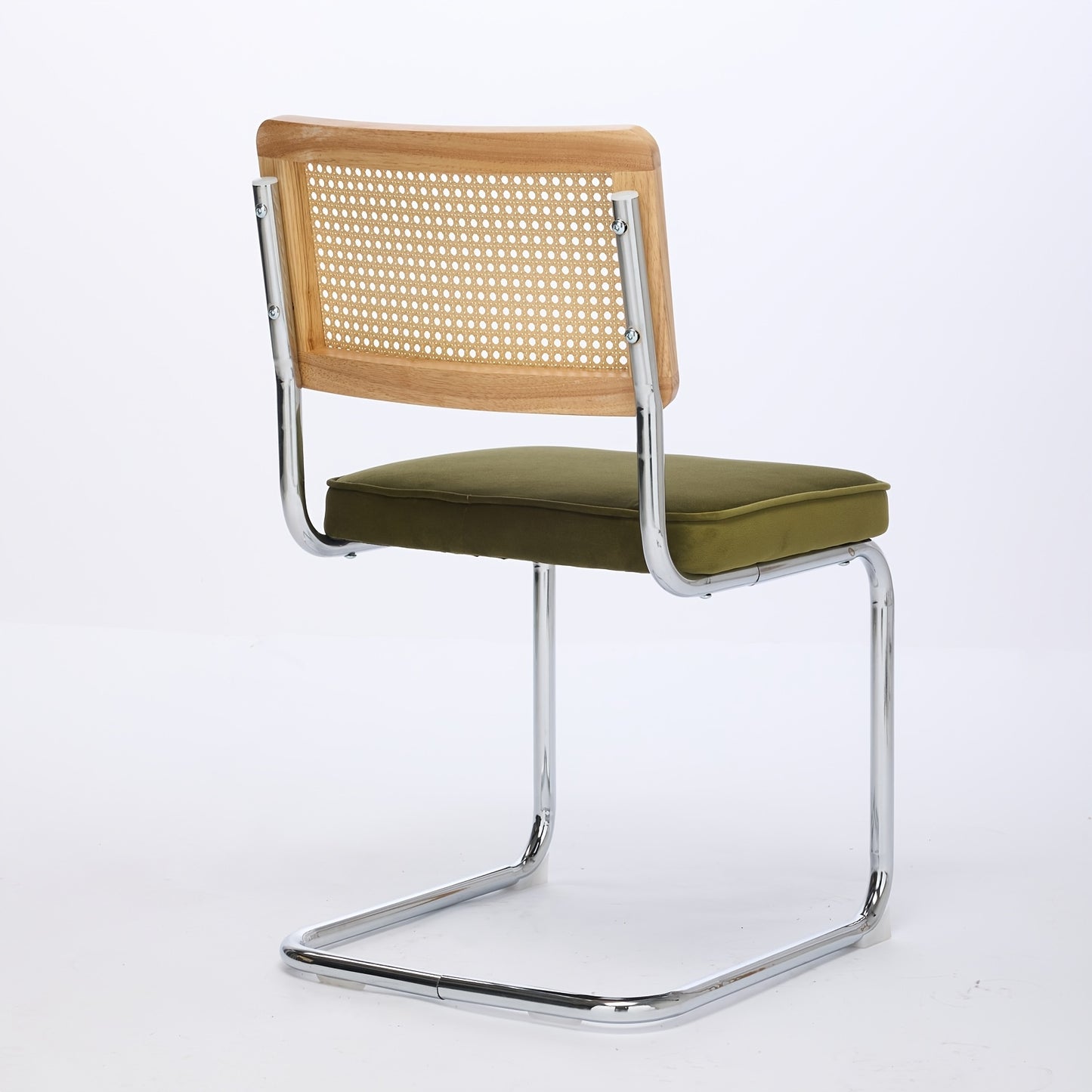 Two-piece Medieval-modern Dining Chair Set | Velvet Upholstered Seats, Natural Rattan Backrests, Stainless Steel Chrome-plated Base in Olive Green, Classic Style, Spot-clean Care