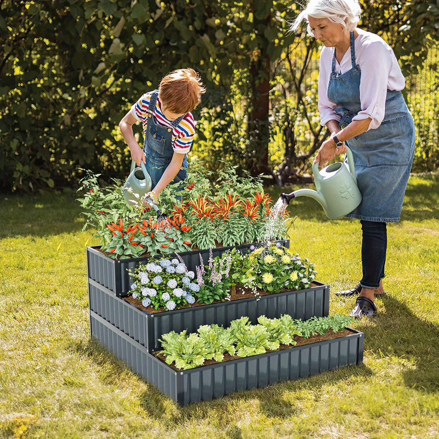 3-Lagen verhoogde plantenbak – verhoogde tuinbak – plantenbak metaal – metalen plantenbak – buiten plantenbak – zwaar metaal – open bodem design – 118 x 118 x 61 cm – zwart