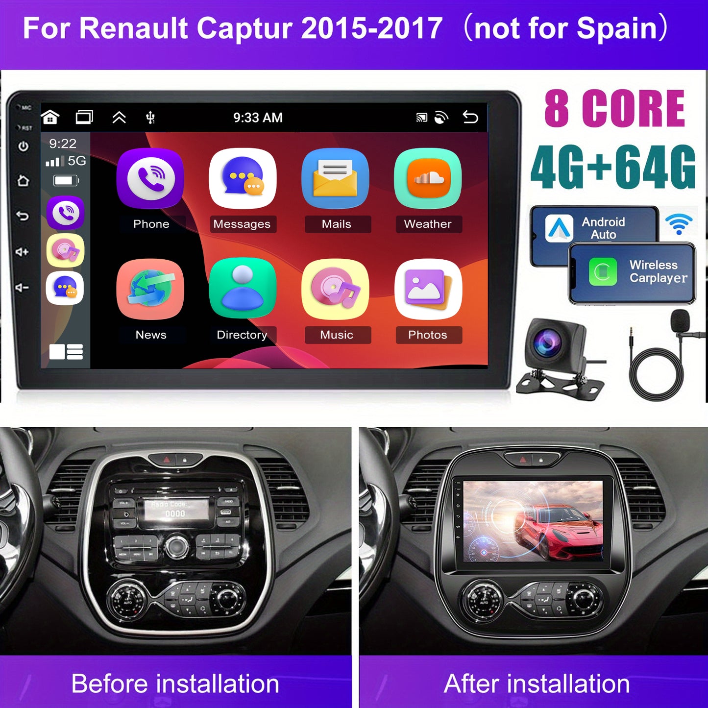 Autoradio – Auto Radio – 2 DIN Radio – Multimedia Speler – Bluetooth Radio – 9 Inch Touchscreen – Draadloos CarPlay & Android Auto
