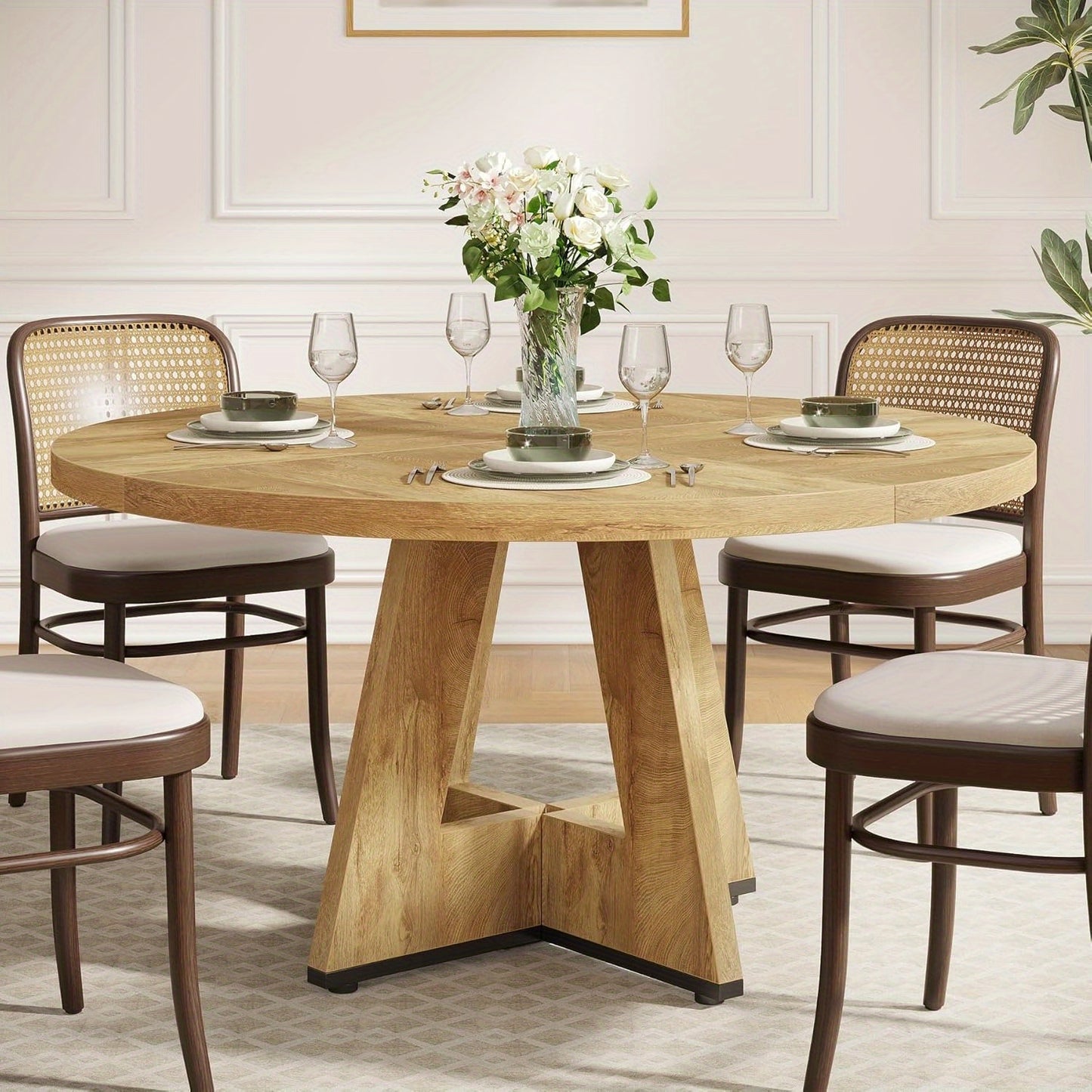47 Inch Ronde Eettafel – Ronde Tafel – Keukentafel – Eetkamertafel – Tafeltje – Licht Hout – Stevige Pedestal Basis – Ruimtebesparend Ontwerp