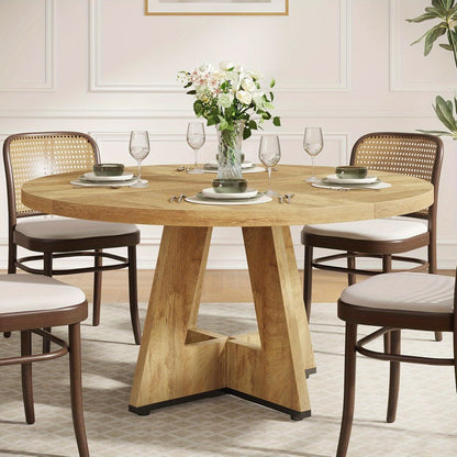 47 Inch Ronde Eettafel – Ronde Tafel – Keukentafel – Eetkamertafel – Tafeltje – Licht Hout – Stevige Pedestal Basis – Ruimtebesparend Ontwerp