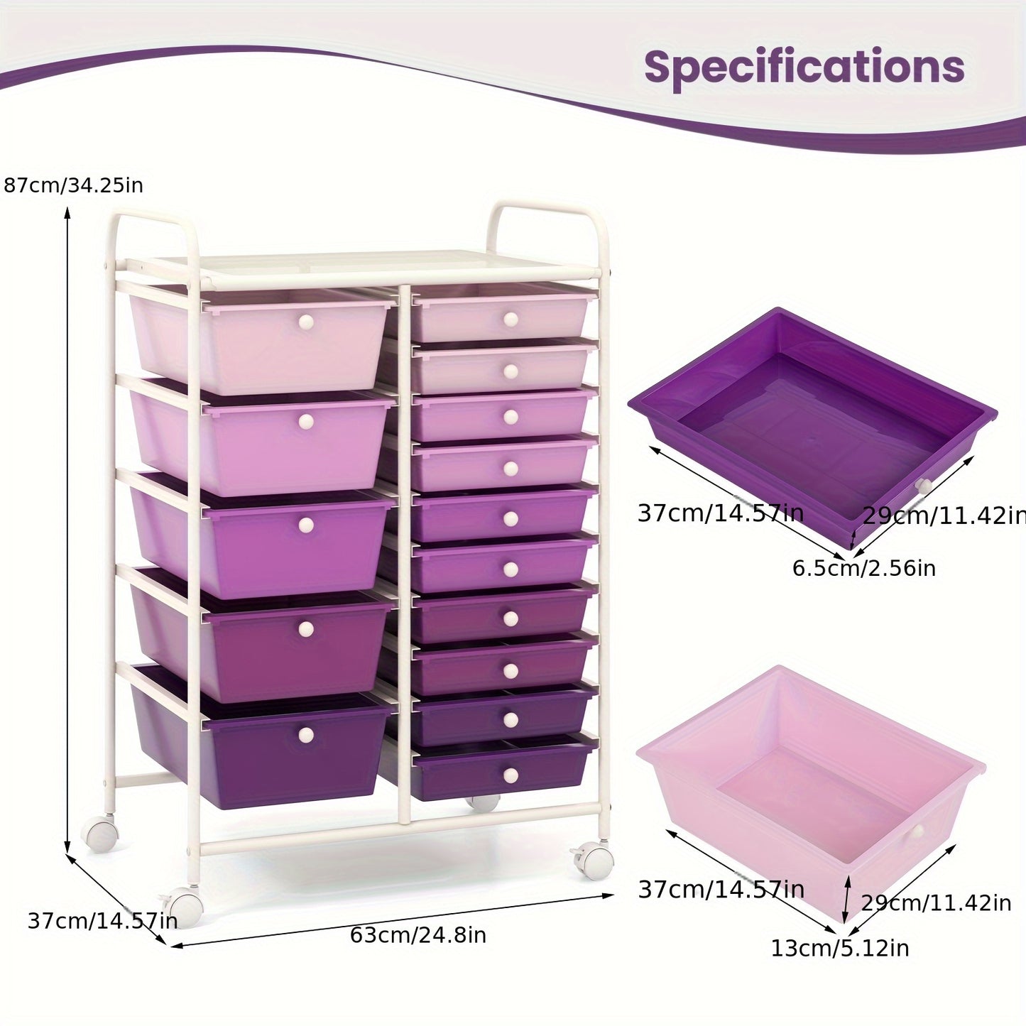 Opberkkastje – Opbergwagen – Ladenkast – Rolcontainer – Organizer – Paars – 12 Laden In 2 Maten – Stevig Metalen Frame & 360° Zwenkwieltjes