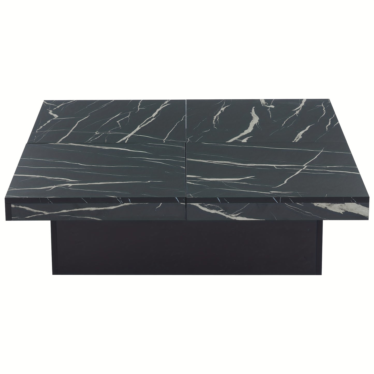 Modern Black Square Coffee Table, Marble Look, 90 X 90 X 25 Cm - Four Drawers, Sliding Tabletop, Load Capacity Up To 30 Kg