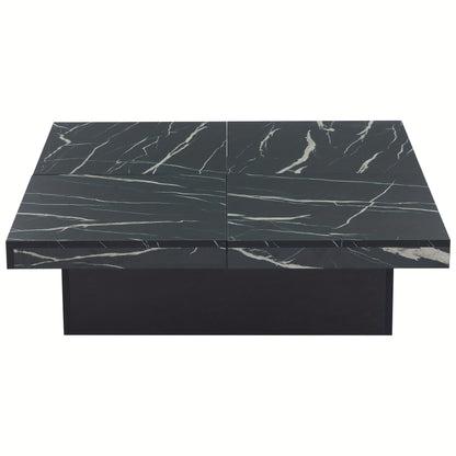 Modern Black Square Coffee Table, Marble Look, 90 X 90 X 25 Cm - Four Drawers, Sliding Tabletop, Load Capacity Up To 30 Kg