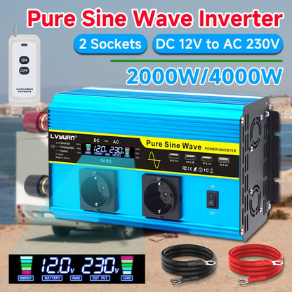 Power Inverter – Omvormer – Spanningsomvormer – DC naar AC Converter – Zuivere Sinusgolf – 2000W Nominaal – 4000W Piekvermogen – LCD Display & Draadloze Afstandsbediening