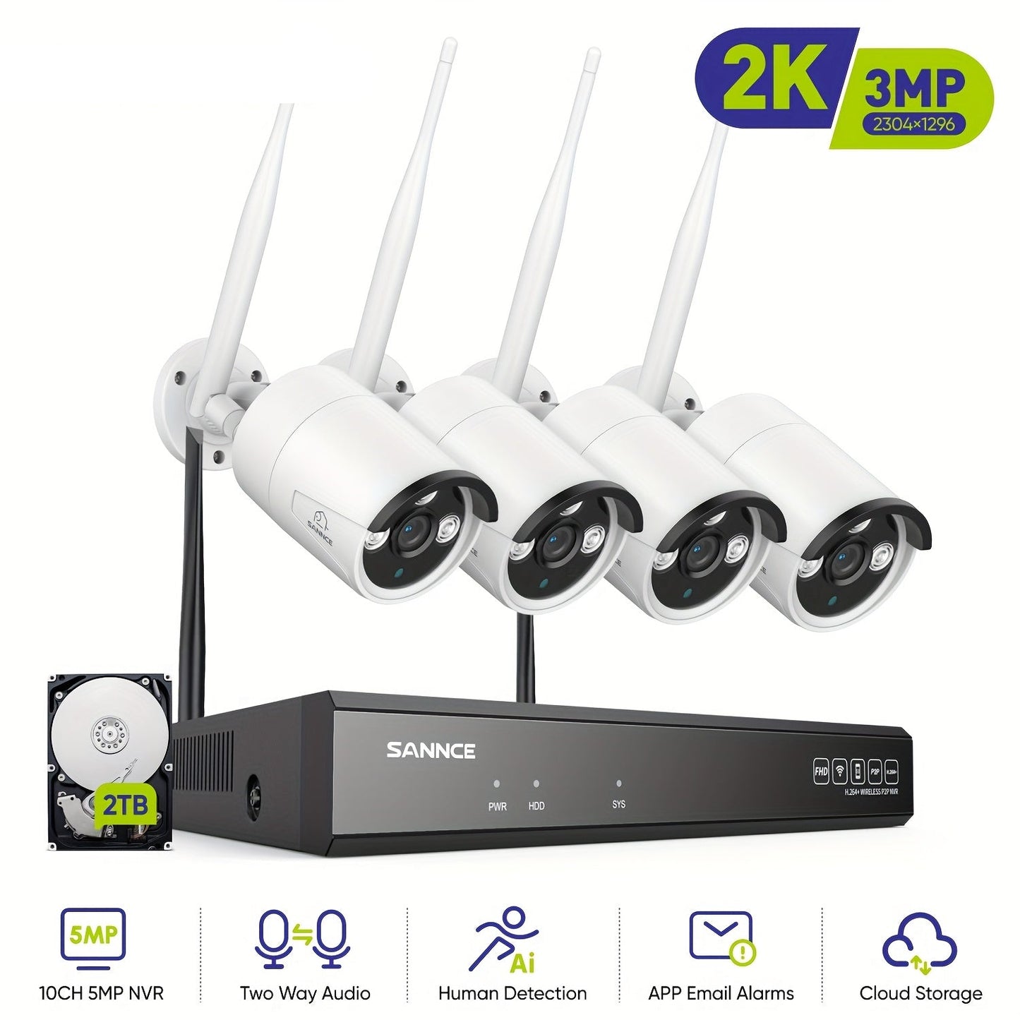 Draadloze Beveiligingscamera Set – Wifi Camera Systeem – Surveillance Camera’s – Bewakingscamera Set – 4x 3MP Camera’s – 2TB Opslag – Persoonsdetectie – IR Nachtzicht