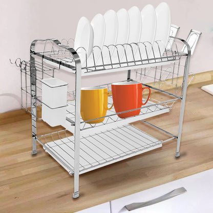 Afdroogrek Keuken – Vaatdroogrek – Dubbellaags Rek – Droogrek Metalen – Bestekhouder – Zilveren Heavy-Duty Rek – 42x25x49 cm – Draaggewicht 40 kg – Ruimtebesparend Design