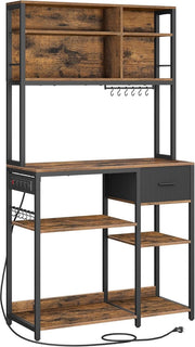 Keukenplank met stopcontacten - Staande plank - Magnetronplank - Verstelbare planken - Stoffen lade 12 haken - 40 x 100 x 180 cm - Magnetron Keuken - Vintage Bruin - Inkt Zwart