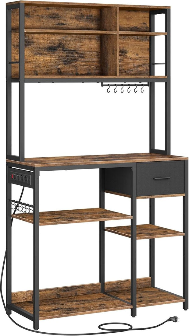 Keukenplank met stopcontacten - Staande plank - Magnetronplank - Verstelbare planken - Stoffen lade 12 haken - 40 x 100 x 180 cm - Magnetron Keuken - Vintage Bruin - Inkt Zwart