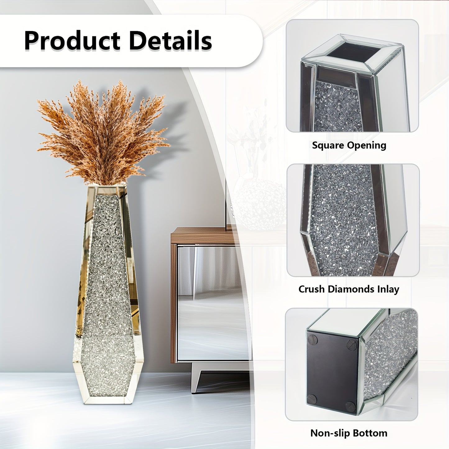 Extra Hoge Vaas – Grote Vazen – Bloemvaas – Interieurvaas – Decoratieve Vaas – Set Van 2 – Spiegelend Glas Met Crushed Diamond – 68 Cm Hoog