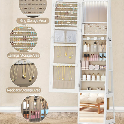 Sieradendoos – Sieradenkast – Juwelendoos – Sieradenopberger – Sieradenkastje – 360° Draaibare Spiegel – 4-laags Opbergruimte Met Slot – Wit Met Beige Bekleding