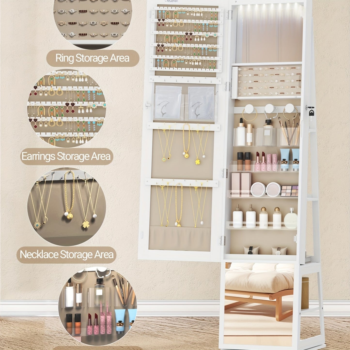 Jewelry Cabinet With 360° Swivel Base, Lockable Full Length Mirror, Jewelry Cabinet Mirror, Jewelry Storage, Large 4 Tier Storage Compartments, Jewelry Cabinet, Jewelry Armoires